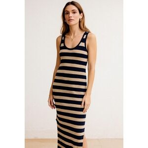 Brochu Walker Dress Linen Knit Blend  tripe Blue Beige Racer Back Size S